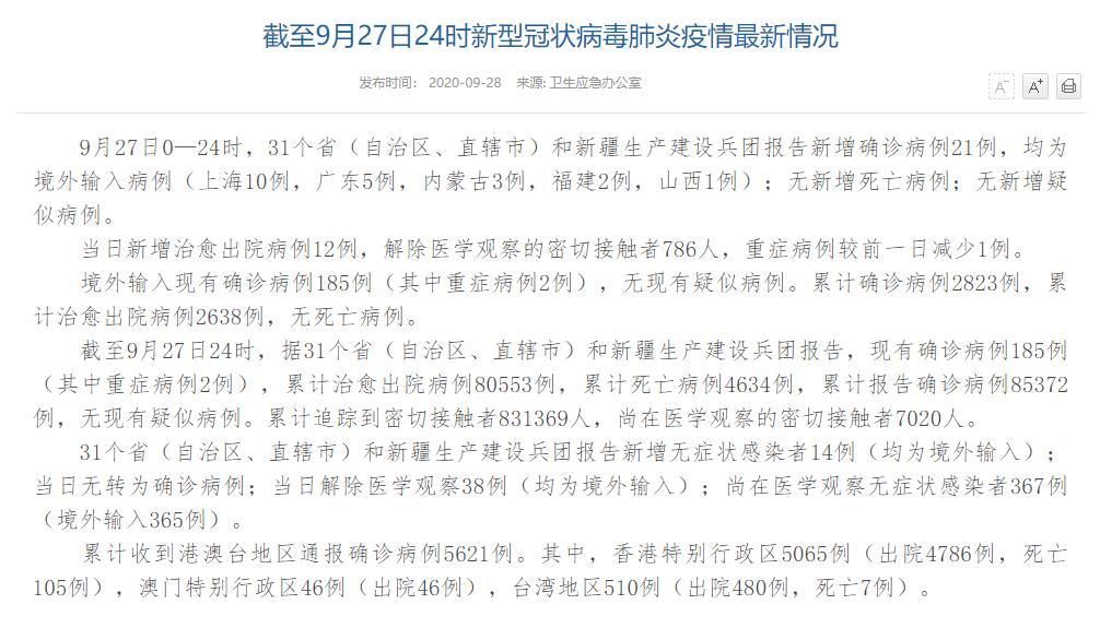 全国新增9例均为境外输入/全国新增报告境外输入
