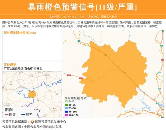 广西壮族自治区百色市田东县疫情防控中风险地区/广西百色市田东县发布暴雨橙色预警